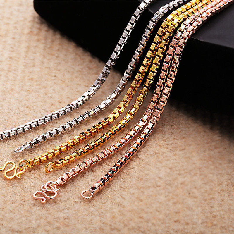 新款韩版正品时尚情侣饰品18K玫瑰金吊坠个性盒子链男士彩金项链