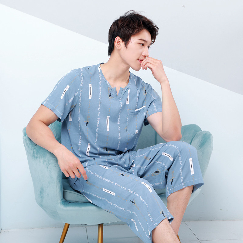 人造棉绸睡衣套装男夏短袖六七分裤绵绸家居服可外穿沙滩装空调衫