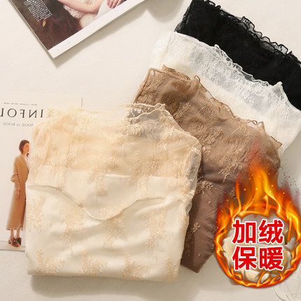女秋装2020新款蕾丝加绒打底衫高领加厚保暖长袖百搭冬季内搭上衣