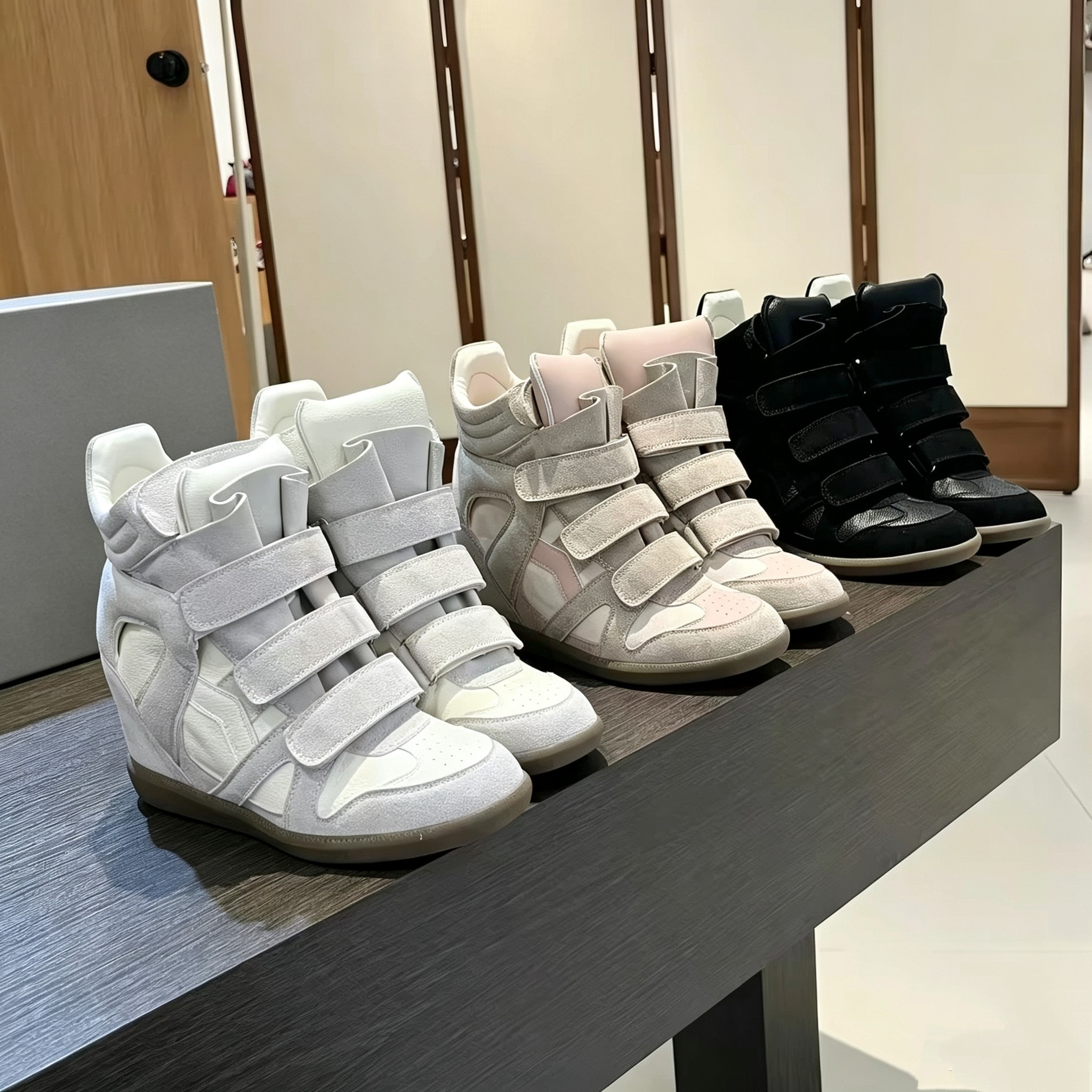 爆款秋冬真皮厚底内增高魔术贴休闲高帮鞋女百搭拼色运动鞋短靴