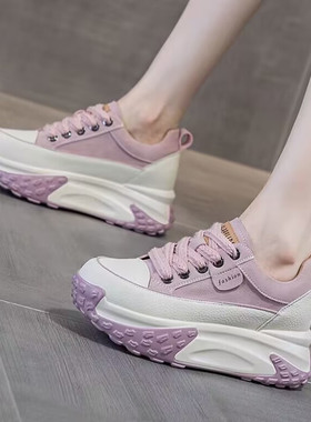 爆款小个子内增高女鞋子2025春秋新款厚底真皮小白鞋女紫色33-40