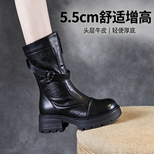 原创手工女鞋头层牛皮前拉链马丁靴女秋冬厚底粗跟真皮中长筒靴子