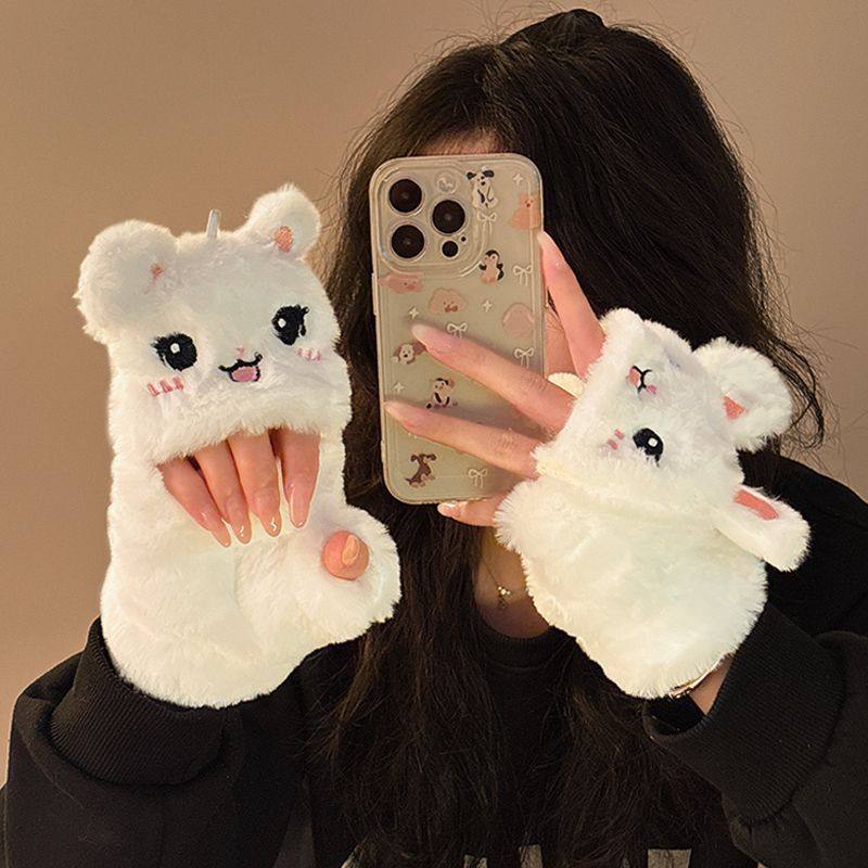 手套冬女学生可爱兔子半指翻盖加绒加厚滑雪骑行手套保暖防风防寒