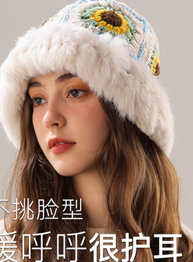 大头围兔毛针织帽女秋冬毛边渔夫帽显脸小保暖毛线帽獭兔毛帽子