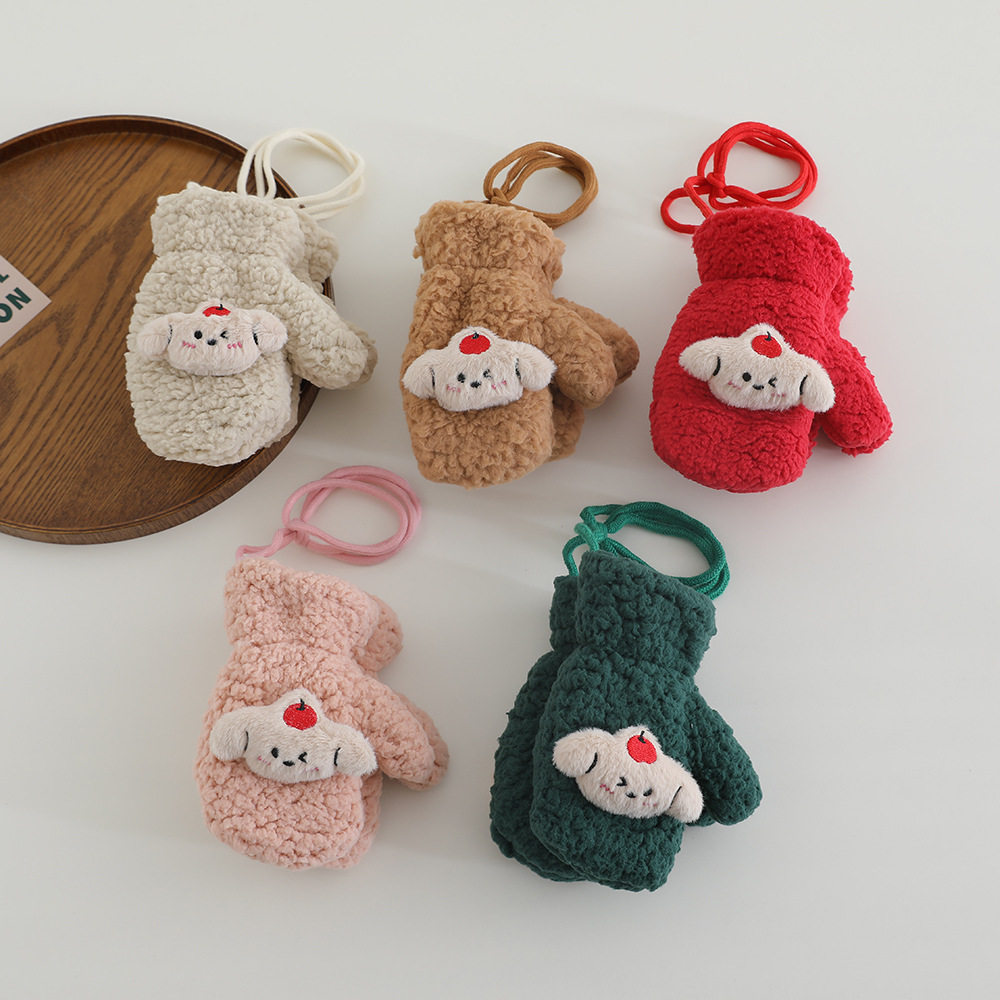 儿童手套冬季保暖加绒超萌卡通小狗男女宝宝防寒毛绒秋冬全指手套