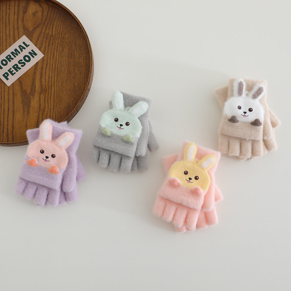 儿童手套冬季保暖加绒可爱卡通白兔男女宝宝防寒毛绒秋冬露指手套