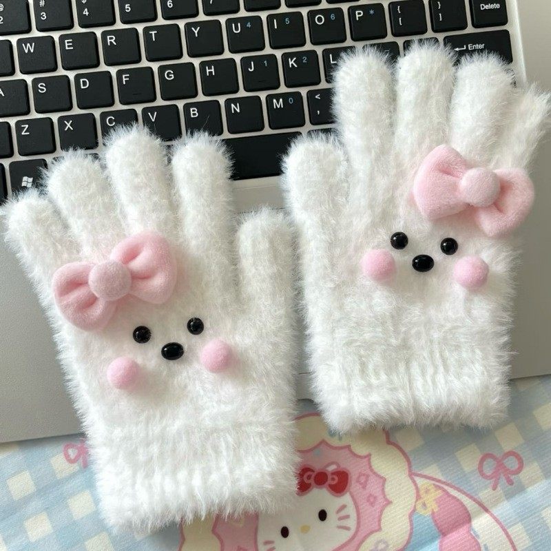 可爱泡泡蝴蝶结小狗手套保暖冬防冻毛绒绒防寒学生骑行骑车仿兔绒