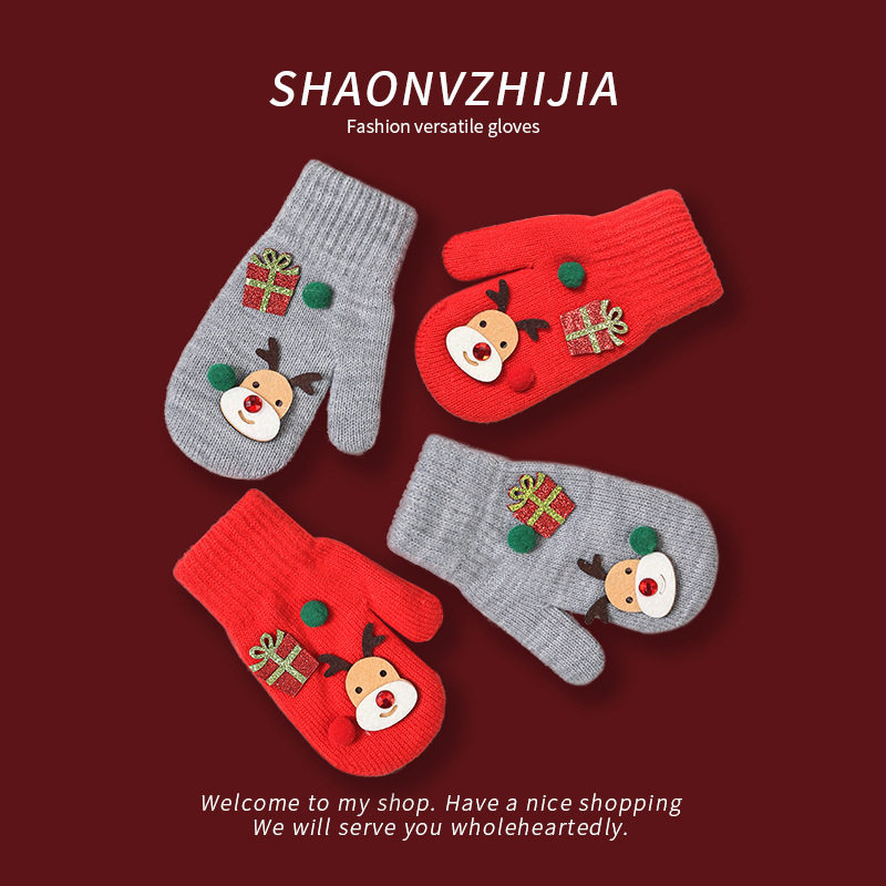 圣诞节冬季连指包套针织毛线加绒保暖加厚包指防风防寒骑车手套