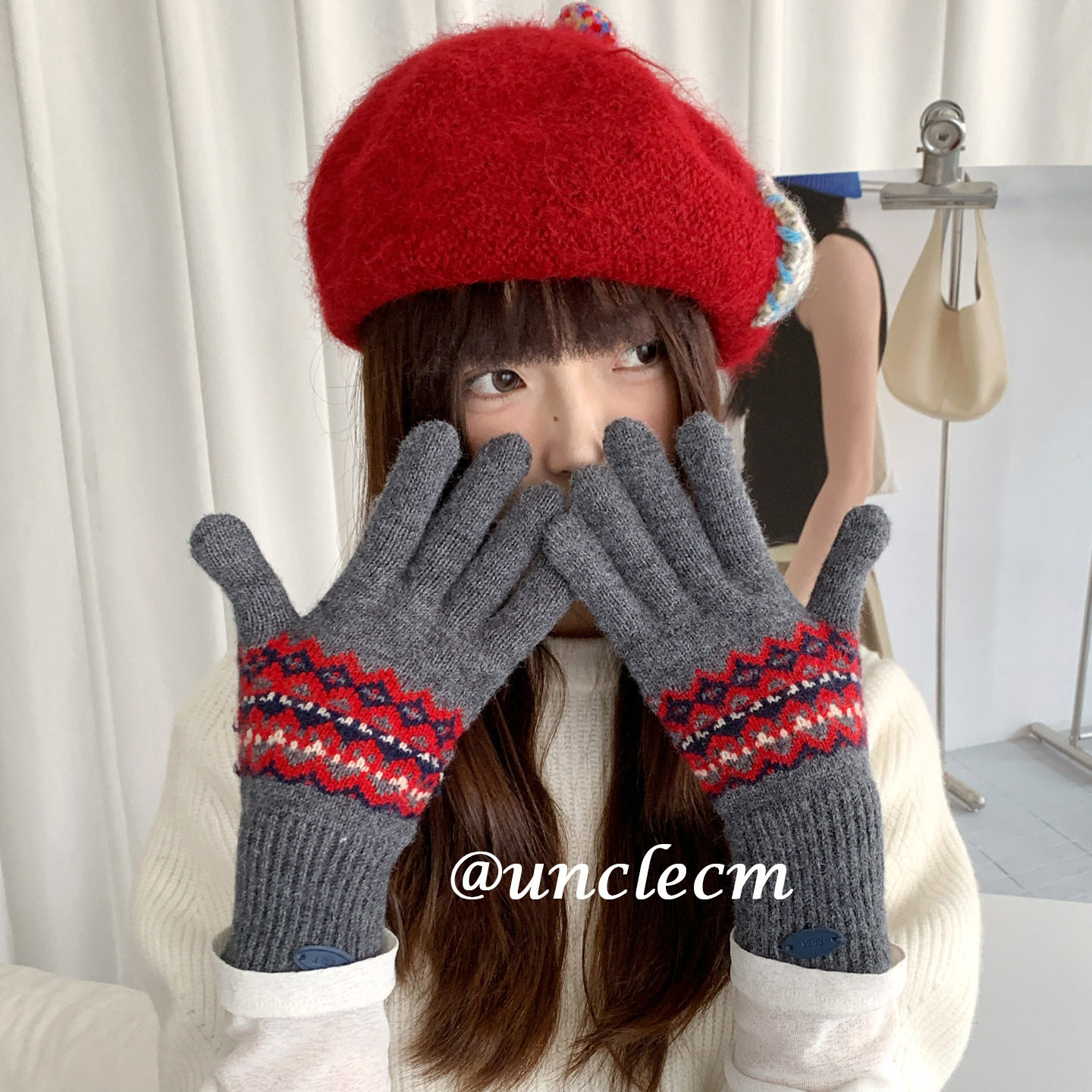 可触屏复古费尔岛拼色提花针织手套女冬季户外骑行保暖防寒分指潮