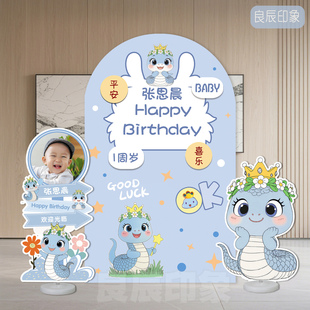 蛇年宝宝一周岁生日布置装饰kt板背景墙场景布置1岁马卡龙蓝气球2