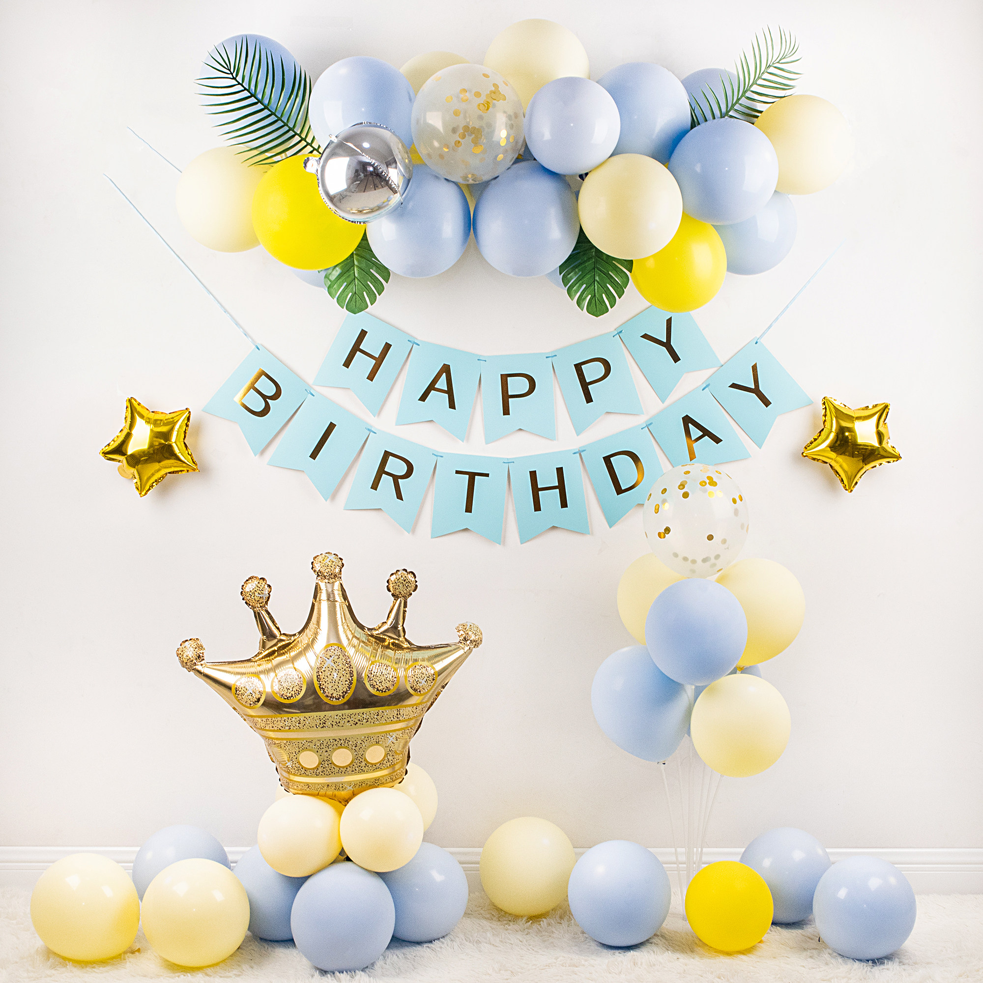 马卡龙蓝色男孩宝宝百天百日宴布置100天满月酒店背景墙气球装饰3