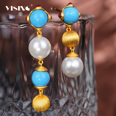 VISING珠宝金色仿蓝松贝珠耳环耳坠耳饰AB款耳环S925银