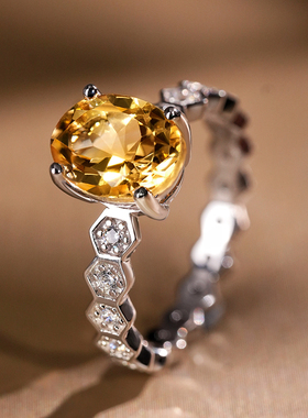 Molan天然黄水晶S925银戒指蜂巢