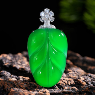 VISING珠宝天然绿玉髓大叶有成树叶叶子吊坠简镶大气事业有成