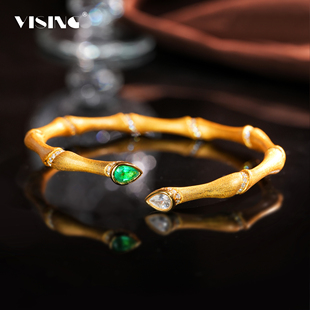 VISING珠宝培育祖母绿黄金色拉丝竹节贵妃手镯节节高升S925可调节