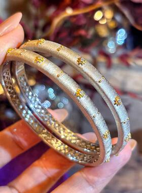 VISING珠宝意大利手工拉丝银手镯分色电金S925银厚镀真金贵妃手镯