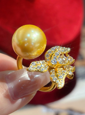 VISING珠宝【鸢尾花】黄金色金贝珠仿珍珠戒指S925银活口14mm金珠