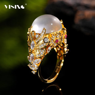 VISING珠宝《花蝶共舞》黄金色天然水沫子石英质玉鸽子蛋戒指S925