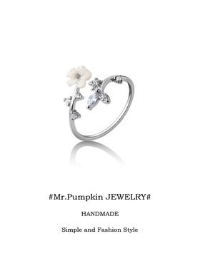 s925银贝壳花朵开口纯银戒指