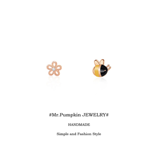 s925银可爱小蜜蜂花朵ab款耳钉纯银小巧精致气质耳环卡通儿童耳夹