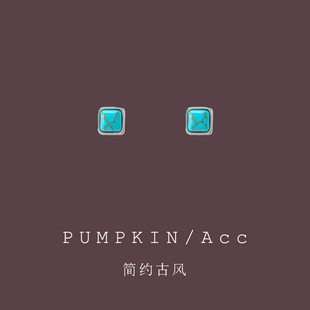 新中式方形绿松石耳钉小巧精致复古气质耳饰小众设计耳夹无耳洞女