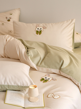 水冰兔｜100S新疆长绒棉ins韩风可爱少女毛巾绣四件套床单款床笠