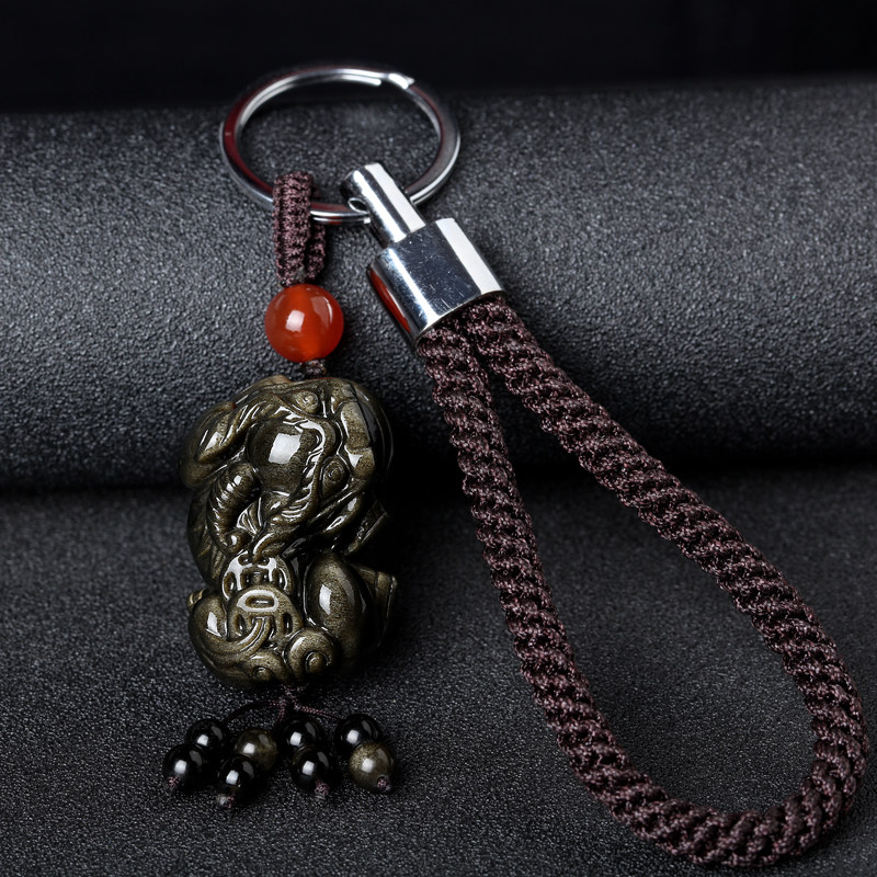 高档天然金曜石貔貅汽车钥匙扣挂件男女款保平安饰品创意个性情侣