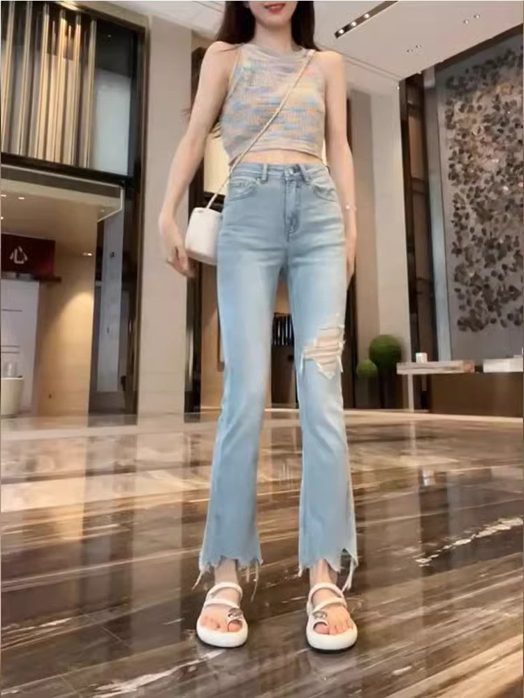 浅色微喇牛仔裤女夏季薄款2024年新款高腰显瘦开叉毛边破洞烟管裤
