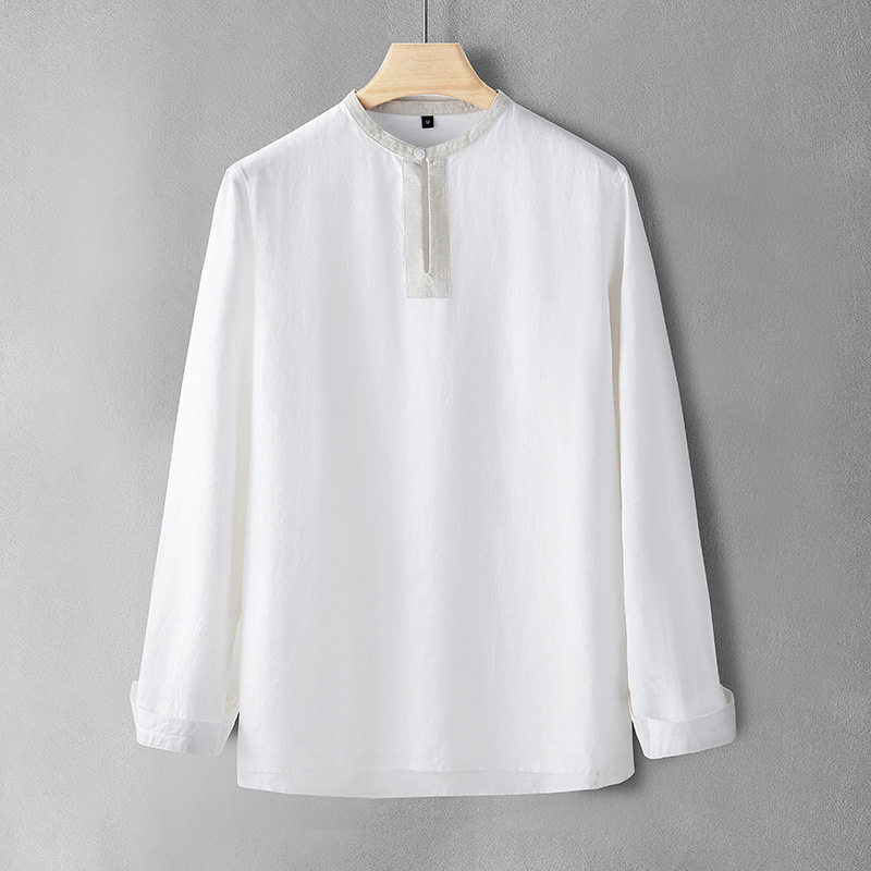 春夏亚麻长袖衬衫男士立领衬衣