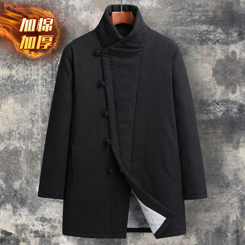 唐装中长款棉麻棉服加厚保暖外套
