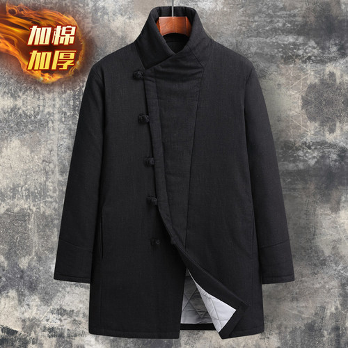 唐装中长款棉麻棉服加厚保暖外套