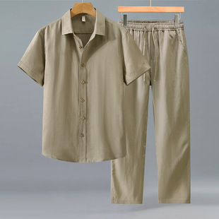 男士夏季薄款舒适天丝亚麻短袖翻领衬衫套装透气莱赛尔麻休闲裤男