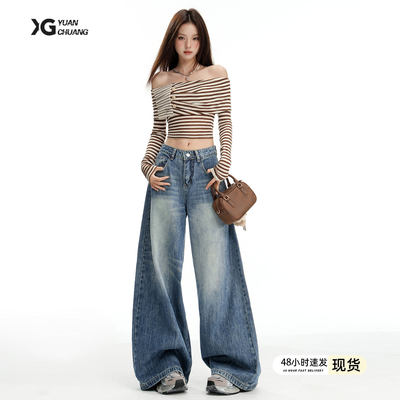 美式复古阔腿牛仔裤女202