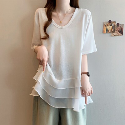 V领短袖冰丝T恤打底衫女