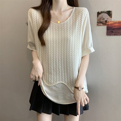 假两件拼接短袖打底衬衫