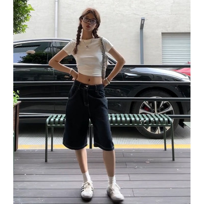 美式黑色牛仔短裤五分裤