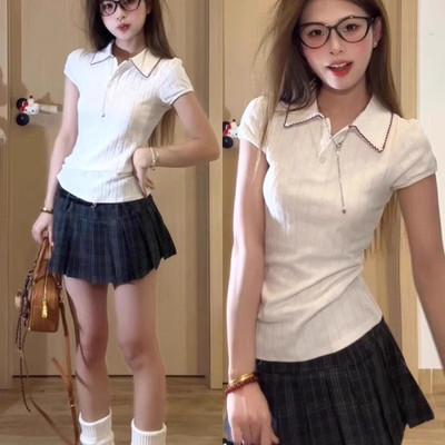 学院风白色短袖polo领修