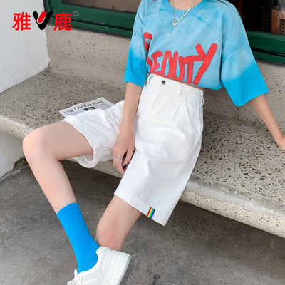 雅鹿卷边白色五分牛仔短