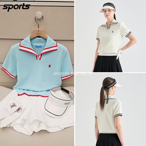 韩国代购lanvin blanc高尔夫球服26春夏女宽松拼色翻领短袖针织衫