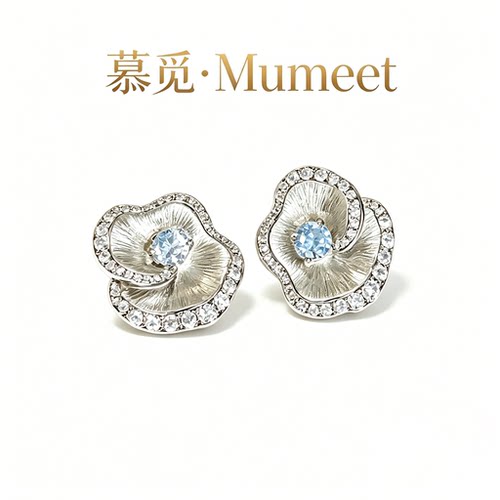 Mumeet/慕觅山茶花拉丝镀K锆石小众设计耳钉
