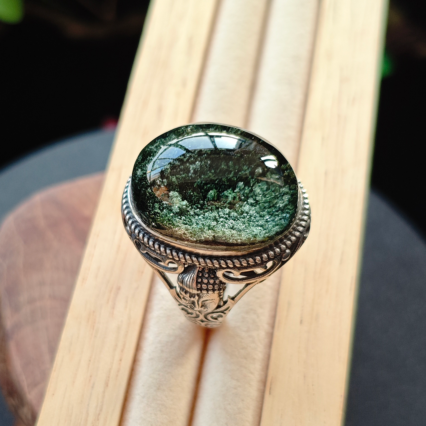 天然绿幽灵水晶高货纯银男戒