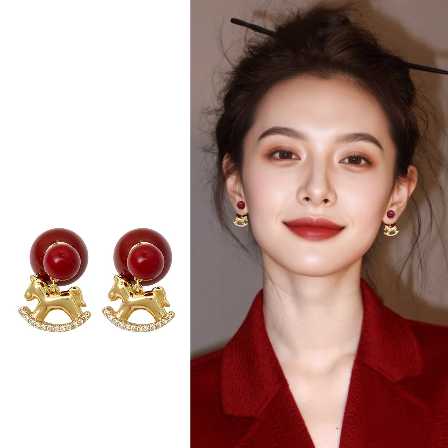 红色珐琅圆球金色小马耳环高级感轻奢两戴式独特复古耳钉马年耳饰,饰品/流行首饰/时尚饰品新,耳环,淘宝优惠券,粉丝福利购,淘宝优惠卷