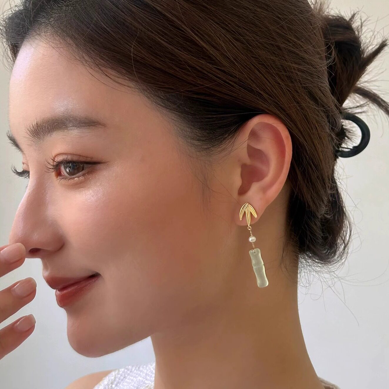 新中式国风绿玉髓竹节竹叶耳环女款2025新款绿玛瑙耳钉马面裙耳饰