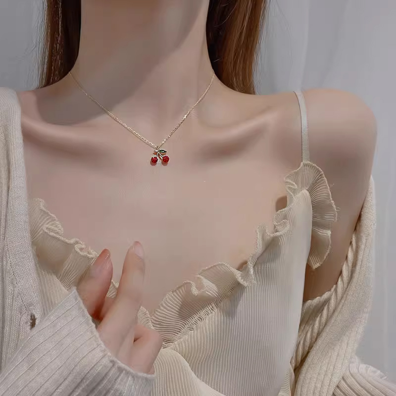 S925纯银红色樱桃项链女轻奢小众