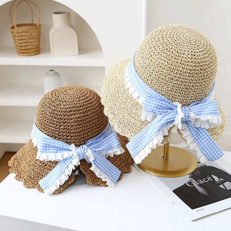 chic甜美草帽女手工编织开叉花边大檐遮阳防晒帽夏季可折叠沙滩帽