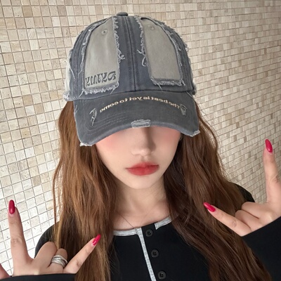 美式复古拼接破洞棒球帽男女通用