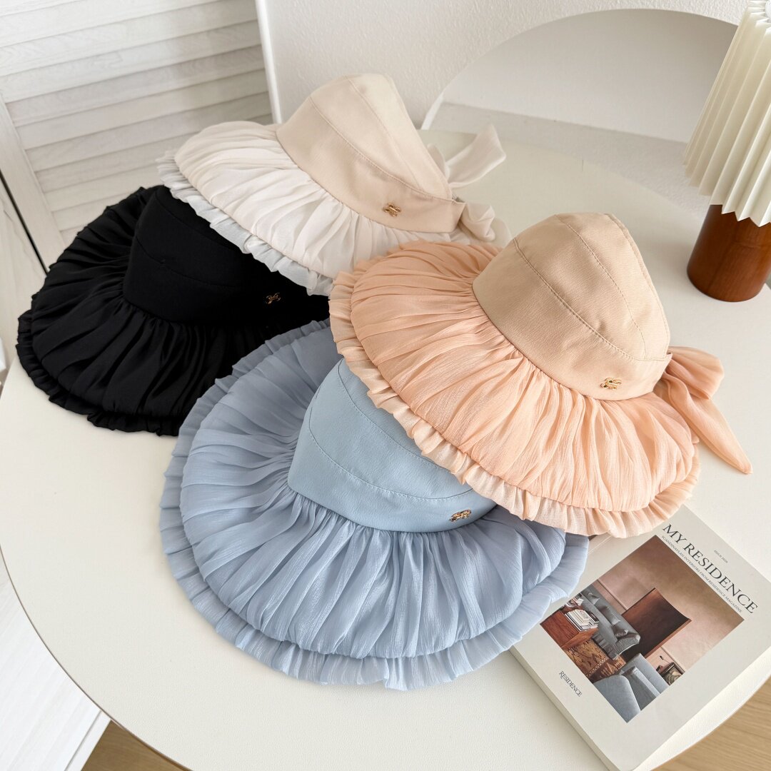 夏季新款荷叶边遮阳帽女防晒大檐渔夫帽甜美甜美风轻薄透气可折叠