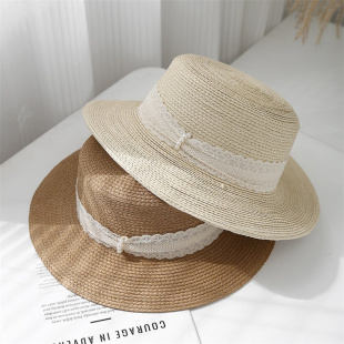草帽女韩版 遮阳帽防晒帽子女户外出游花边织带帽 平顶帽休闲夏季