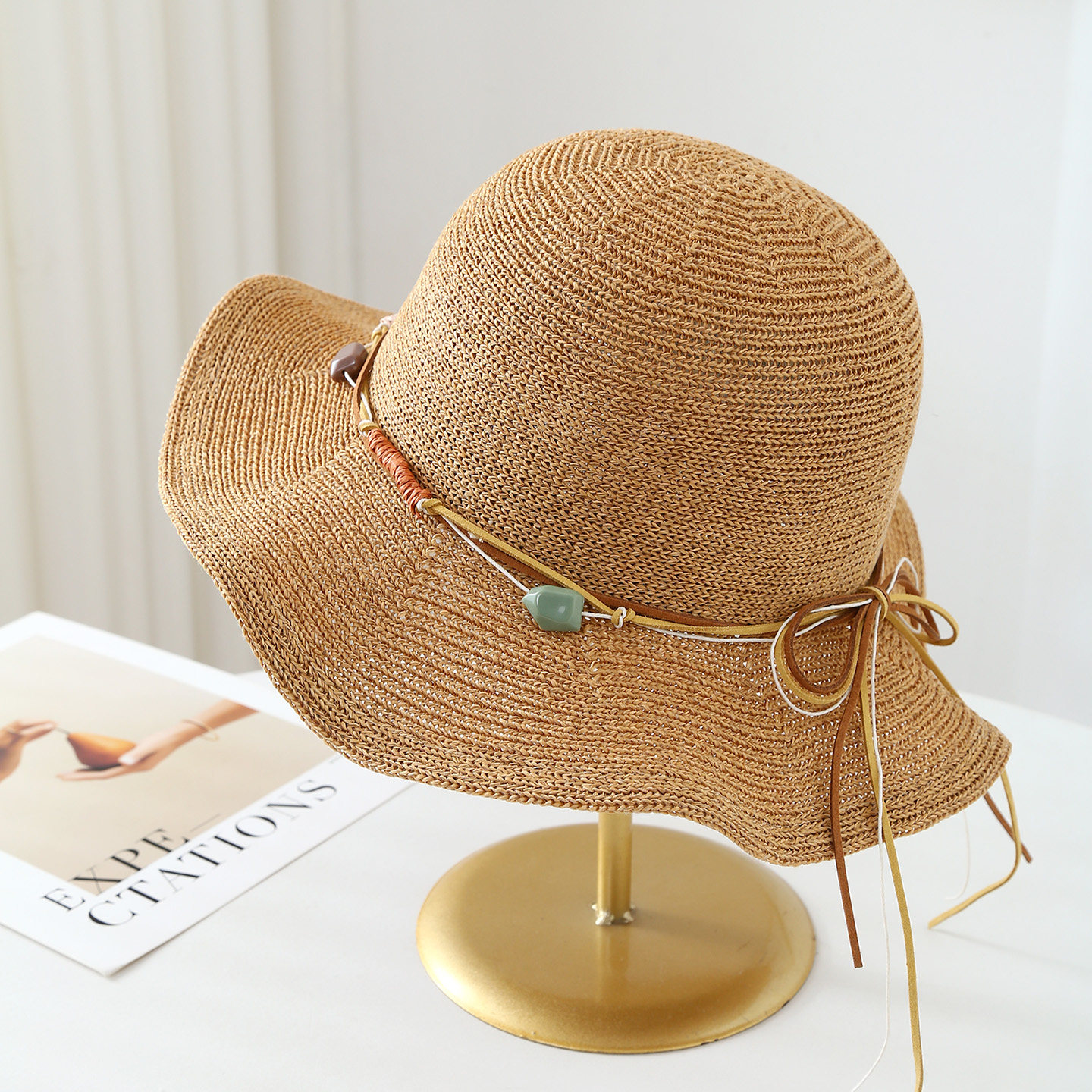 日系木耳边大檐渔夫帽女夏季透气遮阳针织帽时尚蝴蝶结飘带防晒帽