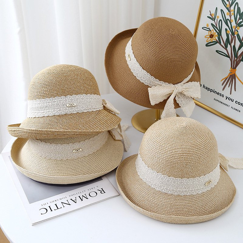 蕾丝蝴蝶结飘带沙滩帽女夏遮阳防晒卷边渔夫帽子海边度假太阳帽